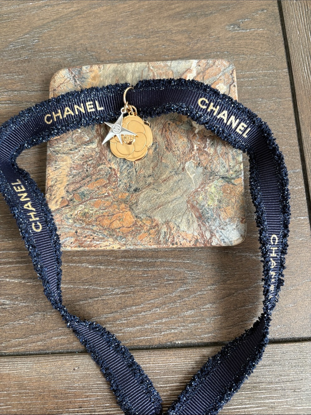 CHANEL Navy Ribbon ChockerNecklace with Gold Camellia & Star Charm Pendant
